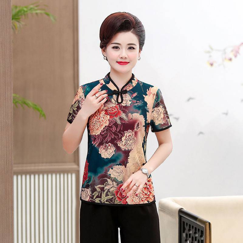 时尚妈妈装夏季新款显瘦长款中国风改良旗袍中老年女装短袖