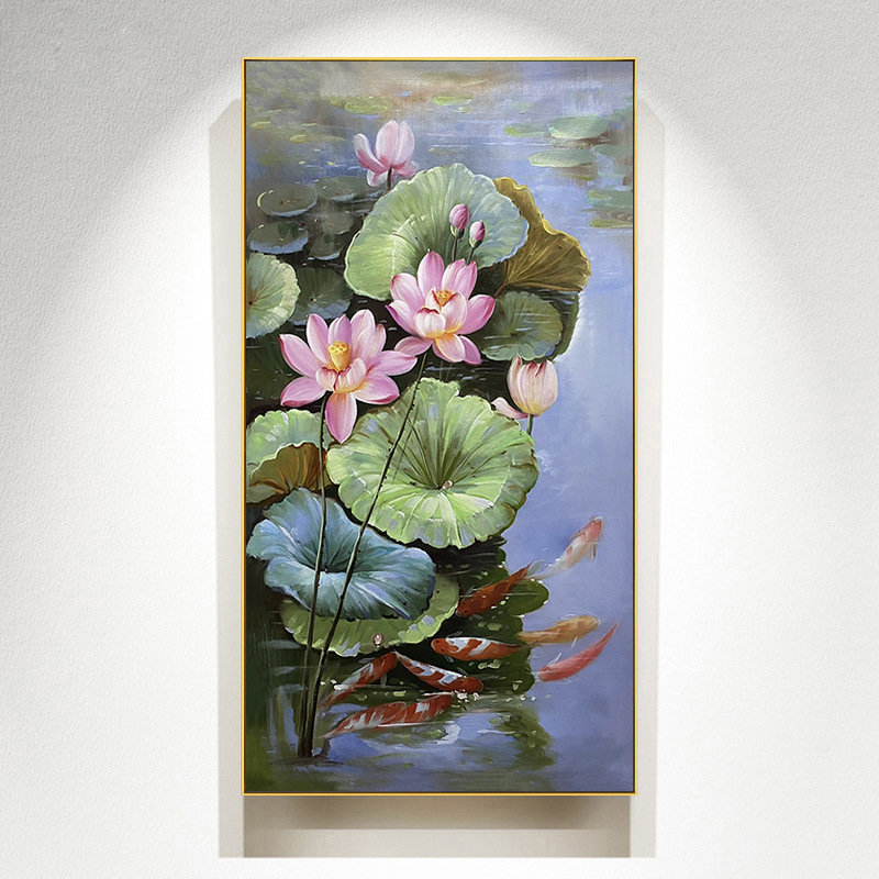 寓意好的荷花九鱼图新中式玄关装饰画走廊壁画挂画手绘油画