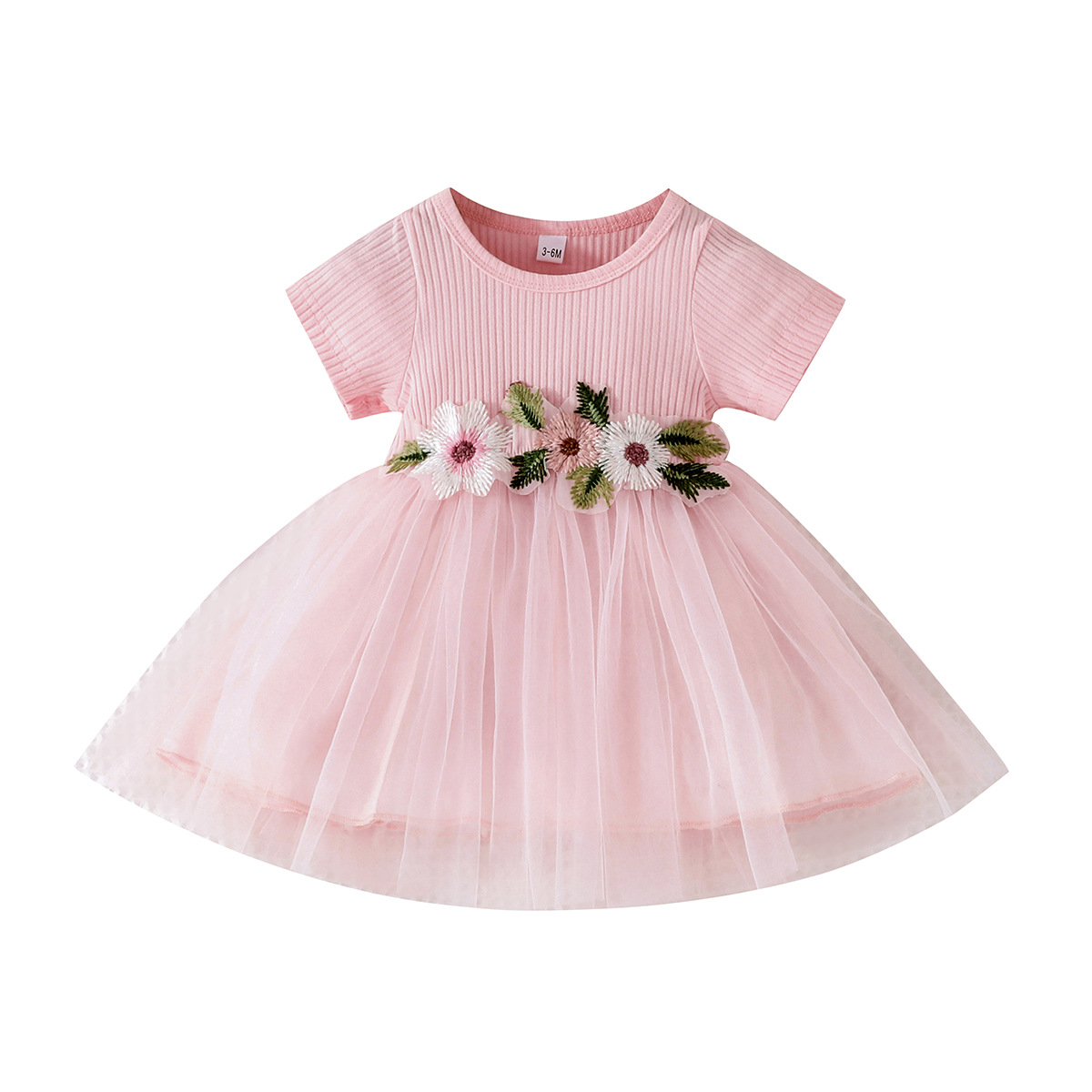 Cross-Border Summer New Girls' Sunken Stripe Short-Sleeved Dress Korean Style Simple Little Girl Embroidered Tulle Skirt