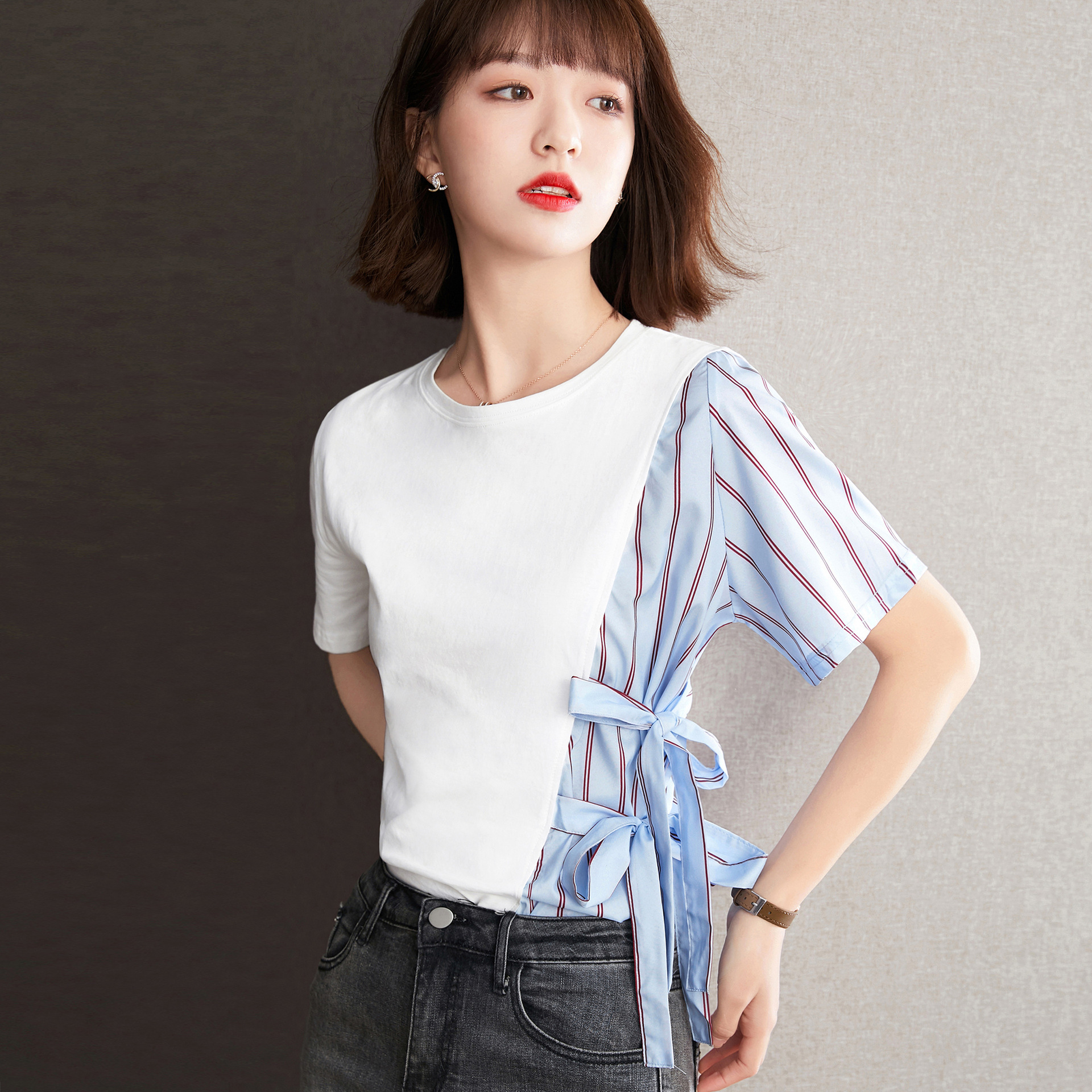 实拍◆有现货◆条纹收腰t恤女短袖夏装2021新款ins潮小众心机上衣