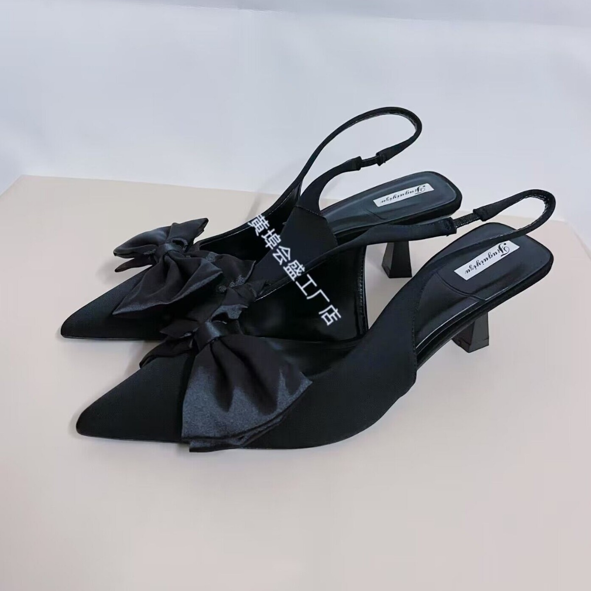 za高跟鞋2024新款法式尖头蝴蝶结饰黑色浅口后绑带细跟时装凉鞋女