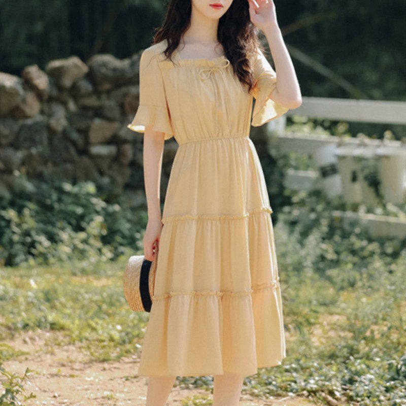 Retro Summer Dress 2023 New Women‘s French First Love Dress Fairy Super Fairy Mori Chiffon Square Collar Dress Women‘s Summer