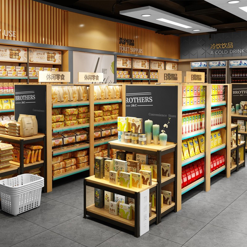 超市货架便利店展示架中岛柜零食钢木小卖部母婴单双面置物架