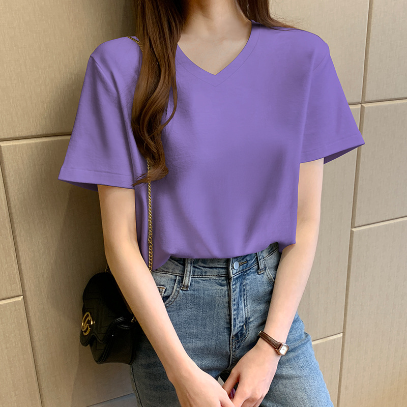 香芋紫v领短袖t恤女10014
