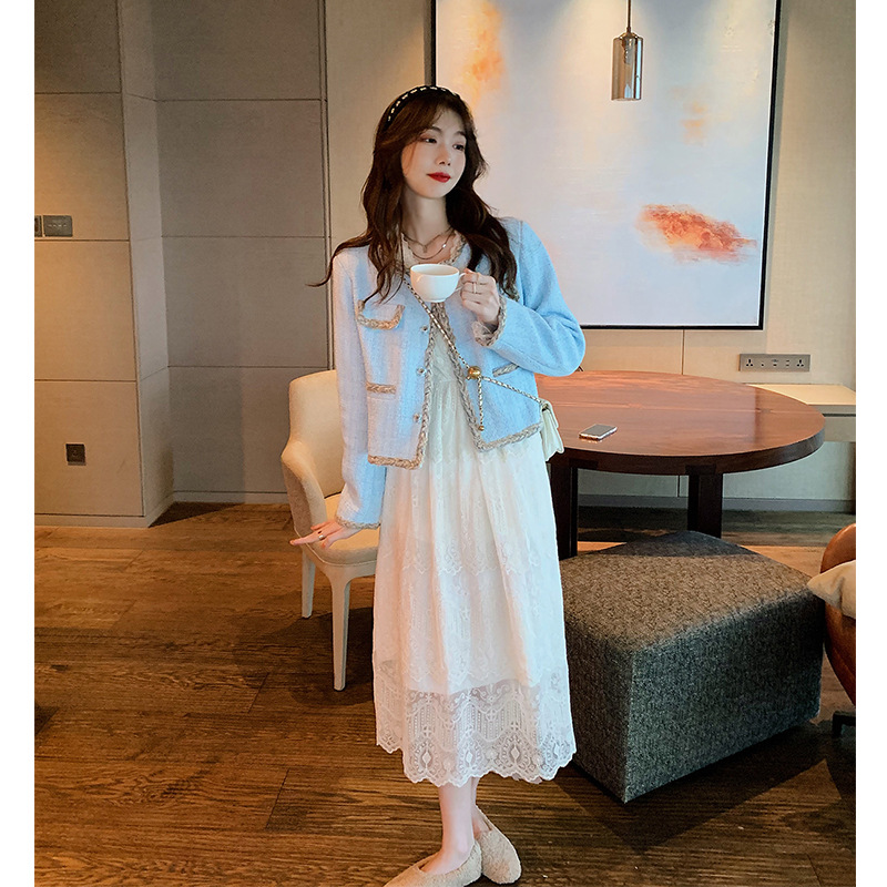 Kafuu Dress Bottoming Match with Coat White Long Dress Light Luxury Chic Lace Dress Women's Spring and Autumn Women Clothes