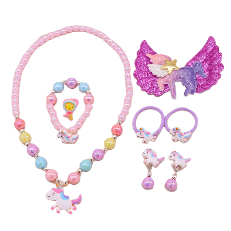 Children's Necklace, Bracelet Set Cute Cartoon Unicorn Girl Necklace Student Bead String Jewelry
