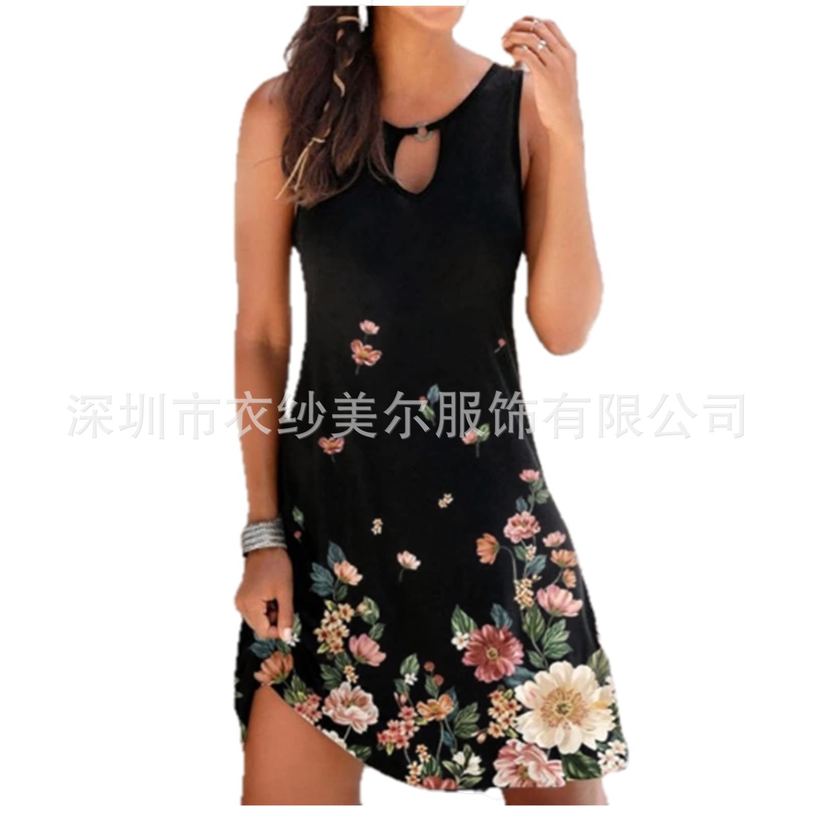 2022 Women Casual Summer Print Vest Sleeveless Dress Hollow out V-neck Loose Beach Short Tank Dress Women Clothes