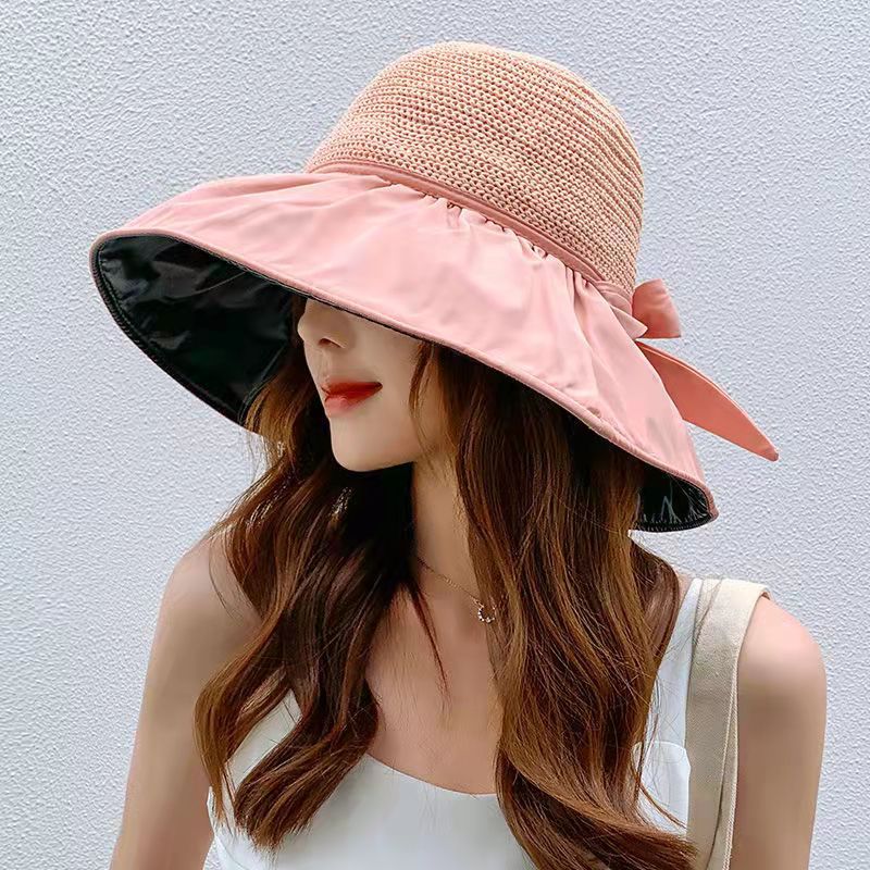 Summer Women's Fashion Vinyl Summer Hat Bow Hollow Sun Hat Korean Uv Protection Bucket Hat Wholesale