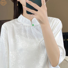 新中式仿真丝缎面短袖t恤女国风盘扣立领唐装旗袍领复古提花衬衫