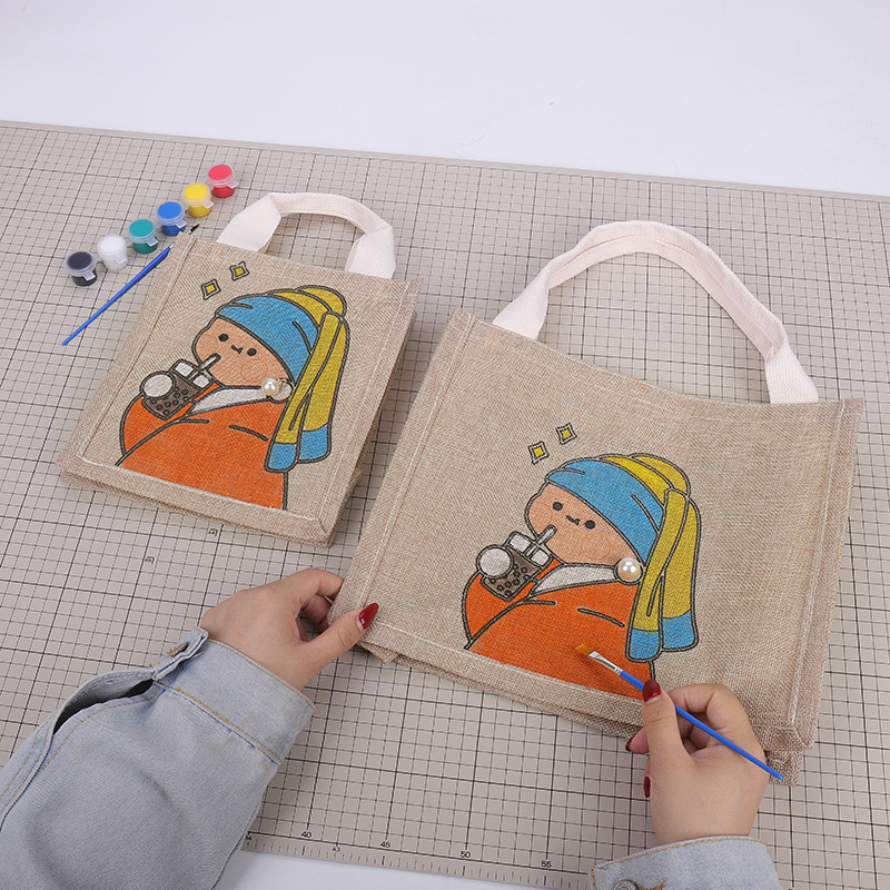 自制涂鸦diy材料包涂色袋手工包手提大容量手绘帆布包麻布包礼物