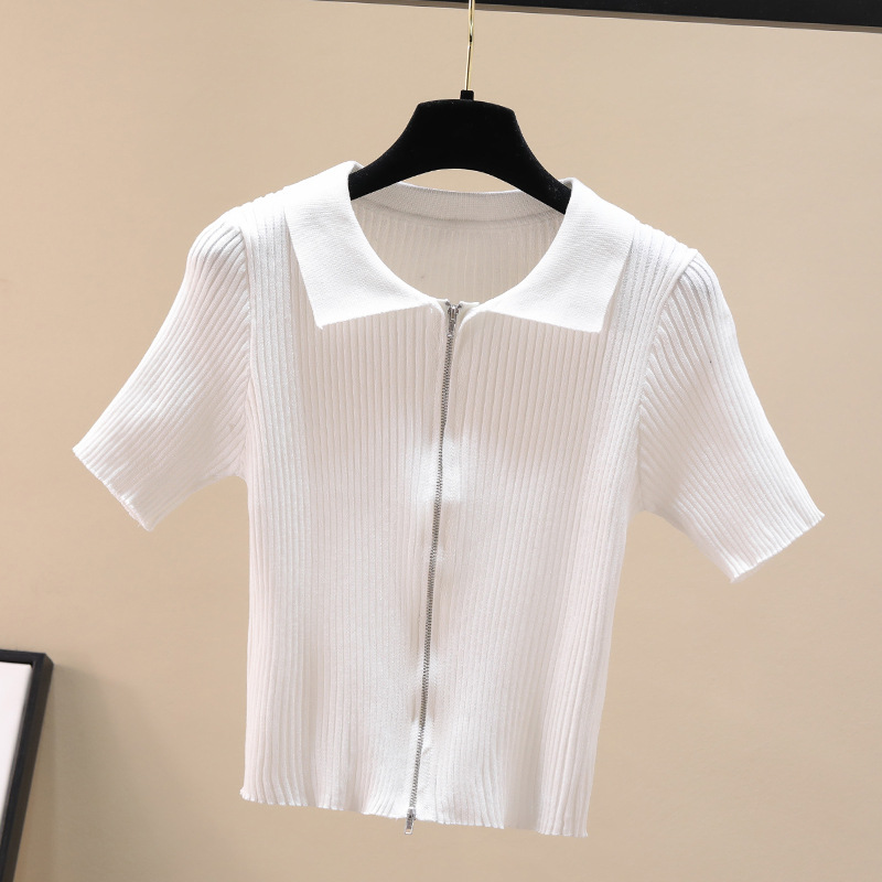 2021夏季新款polo领针织衫短袖t恤女设计感小众短款薄款辣妹上衣