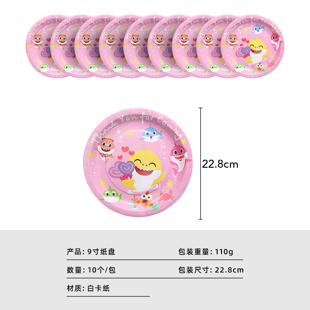 Pink Shark Baby Children Cartoon Birthday Party Supplies Disposable Paper Tray Paper Cup Tableware Set Wholesale