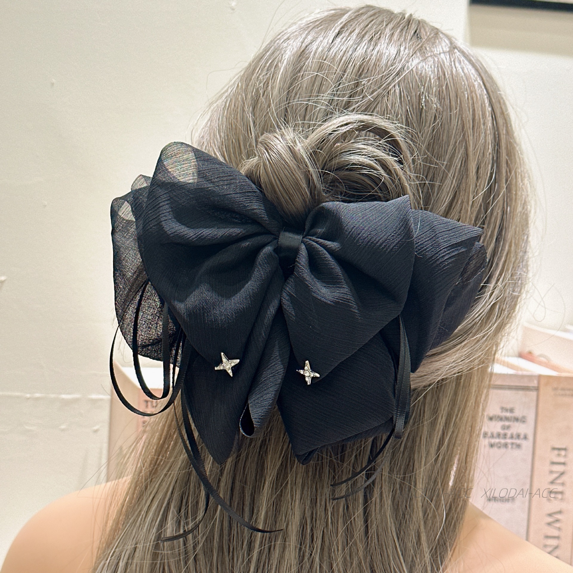 复古蝴蝶结发夹网纱布后脑勺抓夹气质低马尾发饰头发盘发夹子头饰