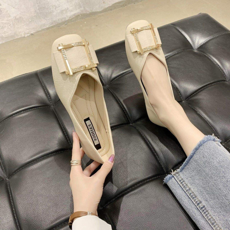 网红单鞋女2025新款韩版牛筋春夏浅口宽脚平底瓢鞋方头软底豆豆鞋