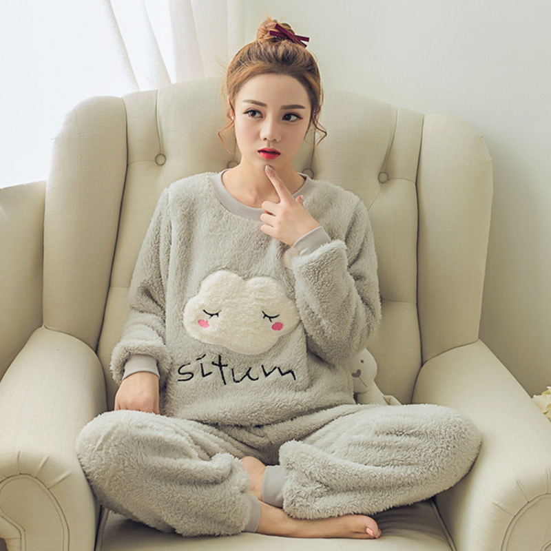 Spring and Autumn Flannel Pajamas for Female Students Cute Fleece-Lined Thickened Warm Winter Cartoon Coral Fleece Homewear Suit