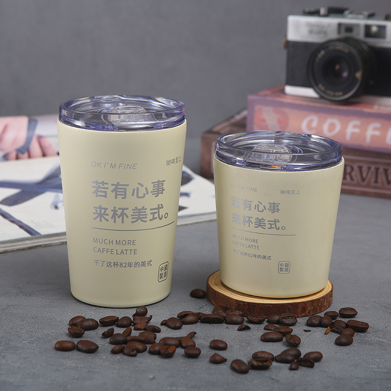 Factory Direct Supply 304 Stainless Steel Double-Layer Coffee Cup Creative Portable Portable Double Drink Vacuum Cup with Straw Customization