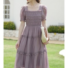 法式复古裙子女夏季2023新款蛋糕裙收腰显瘦仙女裙长款方领连衣裙