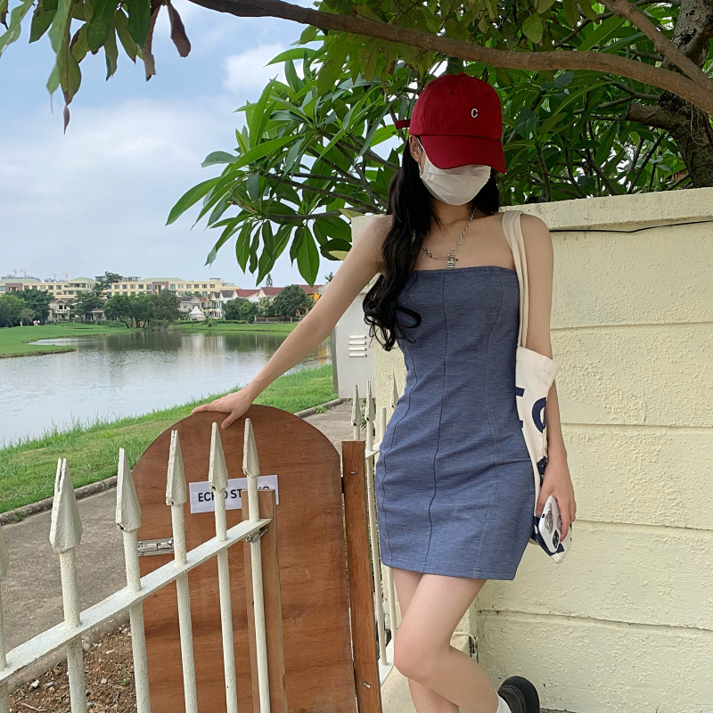 牛仔裹胸抹胸上衣图片