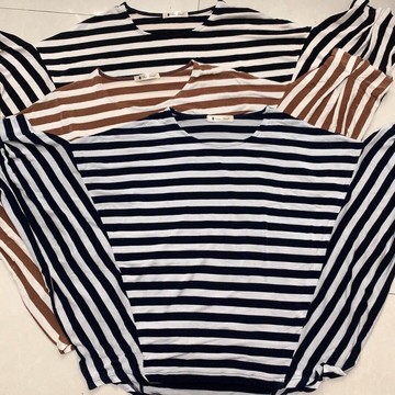 日系原d新款条纹上衣女宽松显瘦凉感舒适圆领套头t恤上衣