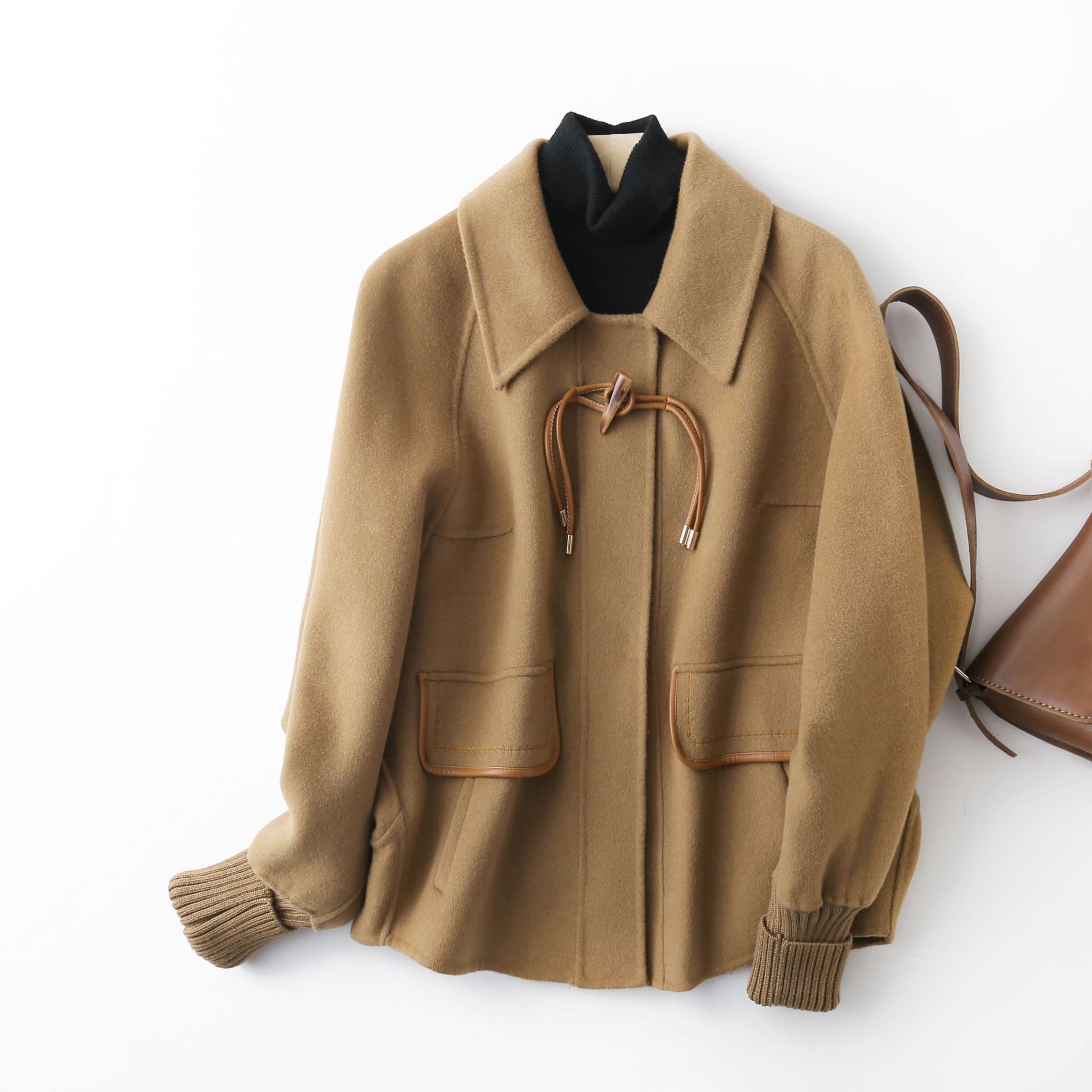 针织罗纹袖短款牛角扣双面羊绒大衣小个子2021宽松毛呢外套女韩版