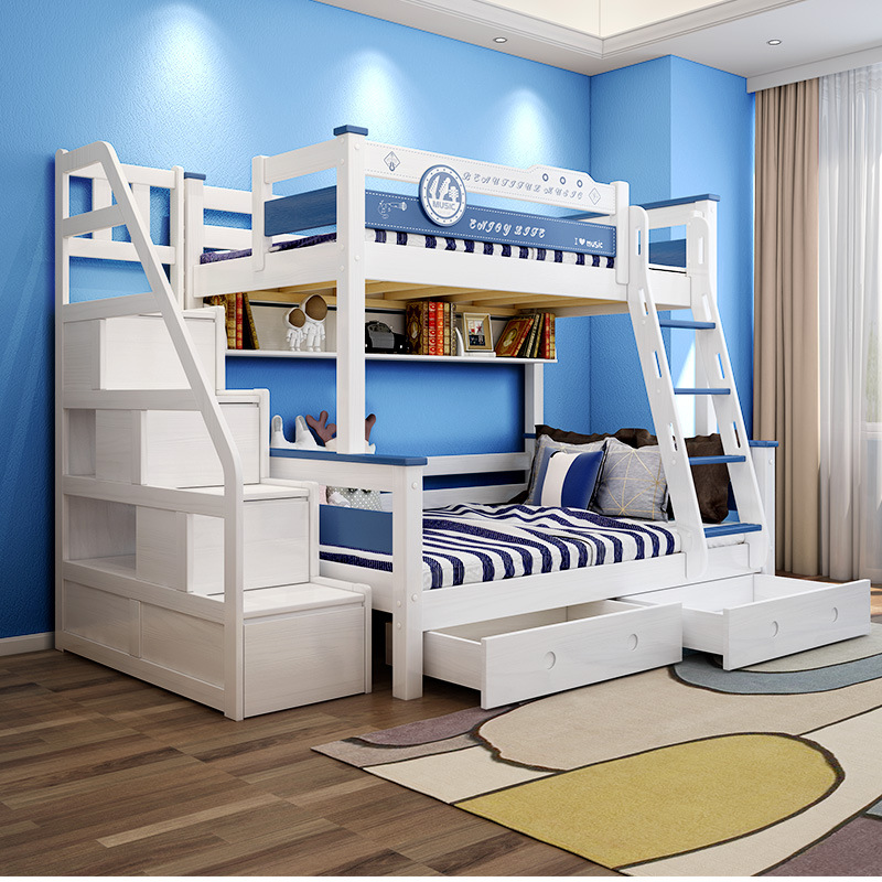 全实木儿童高低床小户型男孩双层床男生卧室蓝色上下铺两层子母床