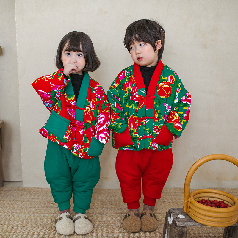 东北大花布衣服婴儿手工棉服儿童过年喜庆冬装棉花棉袄套装洋气