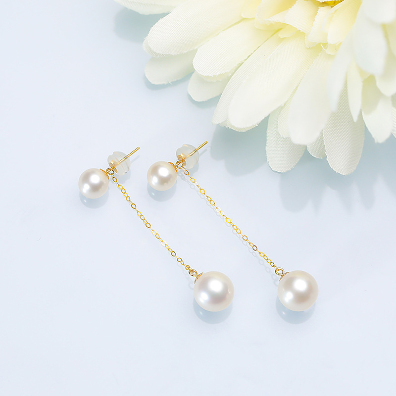 18k金天然淡水珍珠耳线 流苏耳线气质百搭 一款两戴au750彩金耳线