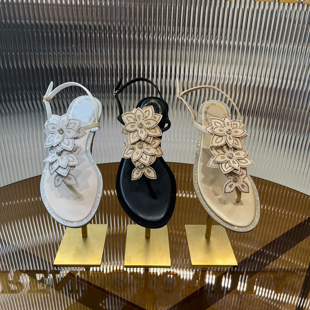 2024夏季新款真皮水钻花朵蕾丝夹趾平底凉鞋仙女风水晶鞋海边度假