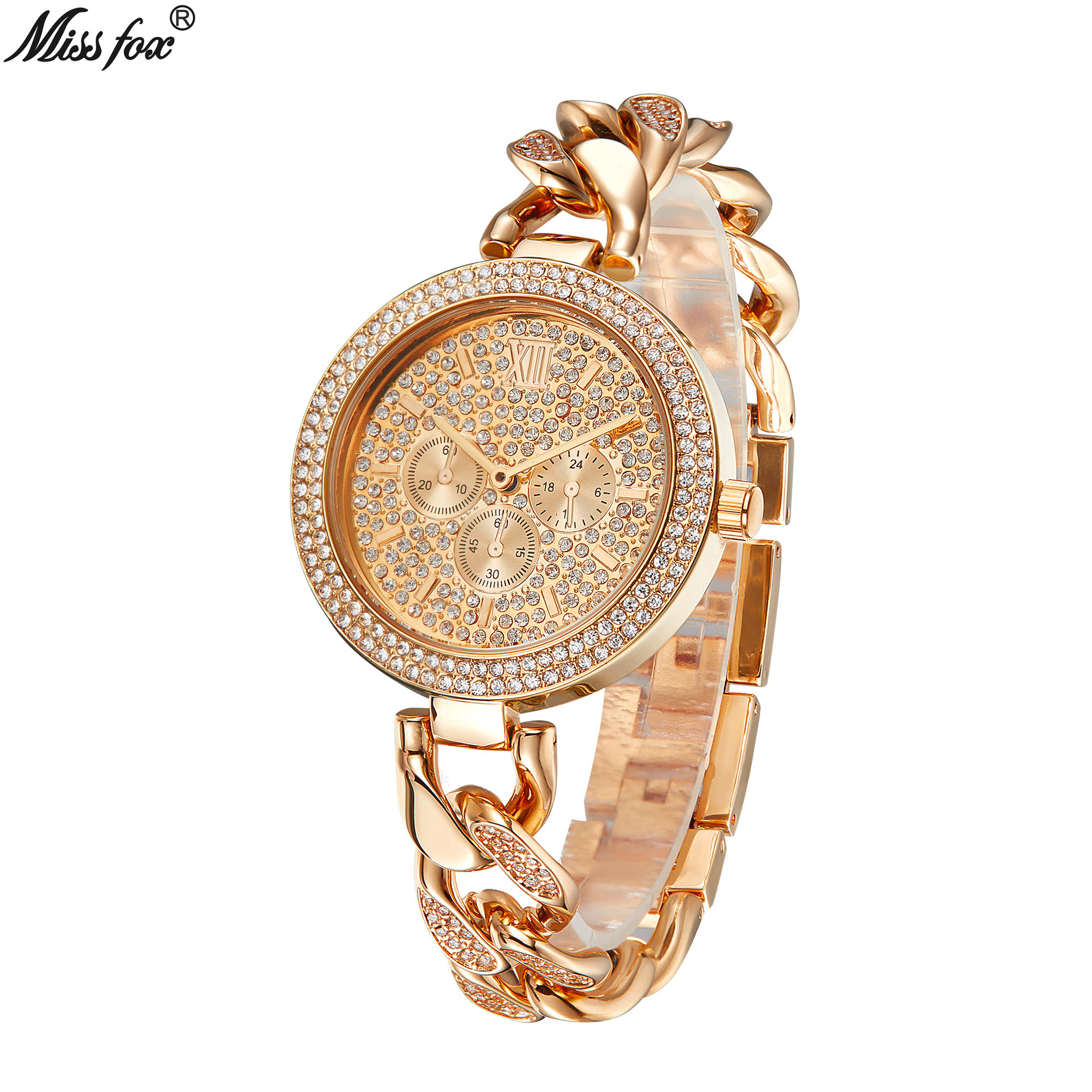 missfox手表 欧美时尚潮流镶钻嘻哈古巴链石英表满钻防水男士手表