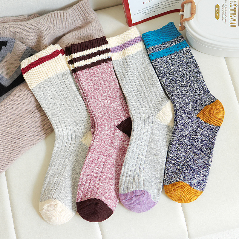 并线撞色条纹粗针工艺袜子百搭透气棉质毛线袜中筒袜男女潮袜