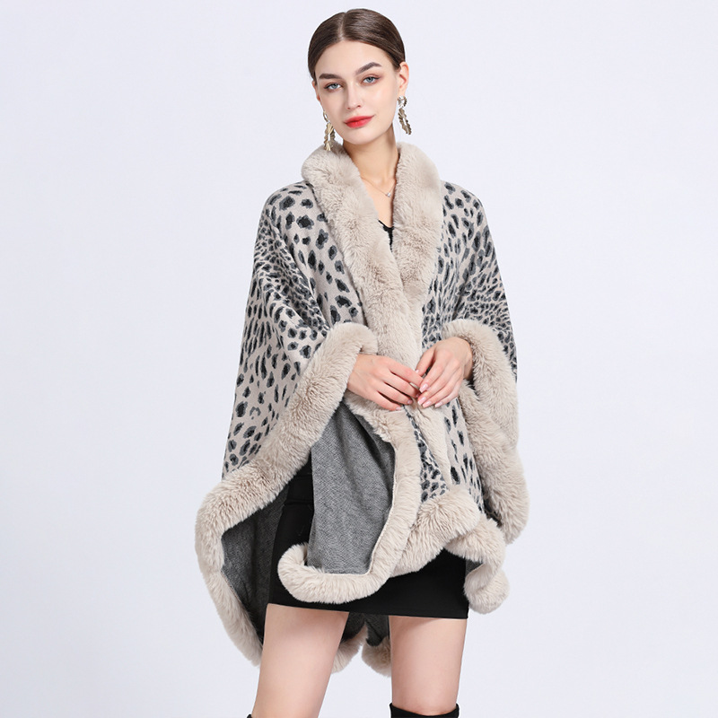 808# European and American Autumn and Winter New Imitation Rex Rabbit Fur Collar Leopard Jacquard Shawl Cape Oversized Knitted Cardigan Coat for Women