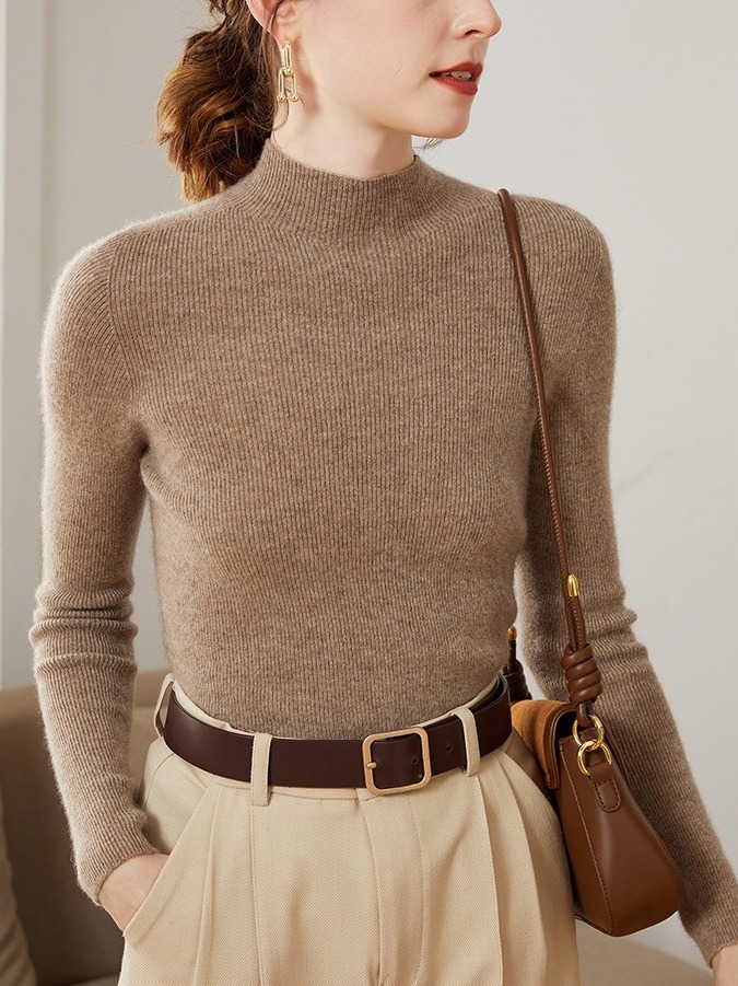 无缝一线成衣~紧身半高领羊绒衫女100羊绒内搭套头修身打底毛衣