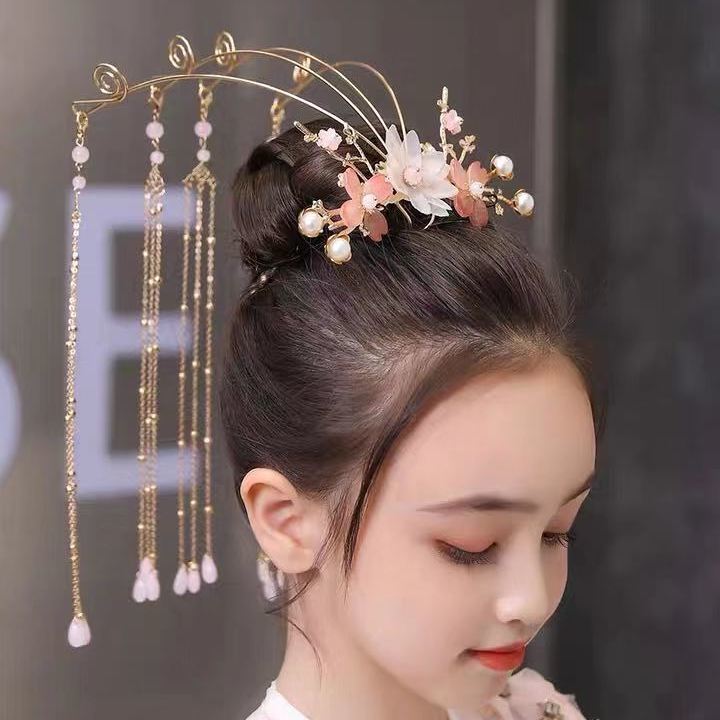 儿童汉服头饰发冠凤冠女童发饰超仙古风新款中国风流苏步摇头冠女