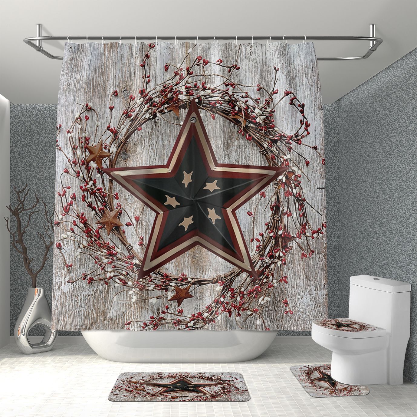 Source Manufacturer Amazon Cross-Border Hot Sale Five-Pointed Star Waterproof Polyester Bathroom Shower Curtain Floor Mat Four-Piece Set