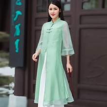 单/两件套 秋装新款茶服改良汉服女复古显瘦旗袍连衣裙阔腿裤套装