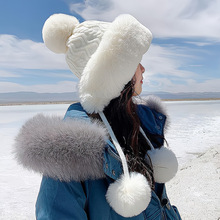 秋冬季女士棉羊绒套头帽三毛球可爱加绒加厚防寒保暖纯色针织帽子