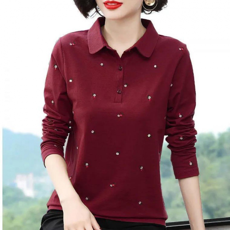 Women's Spring Clothing Fashion Cotton Long Sleeve Women's Long Sleeve Undershirt Autumn New Mother's Clothes Belly Covering Lapel Polo Shirt T-shirt