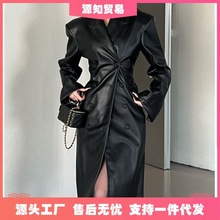 黑色时尚设计感西装领皮夹克外套过膝中长款大衣秋季新款女装