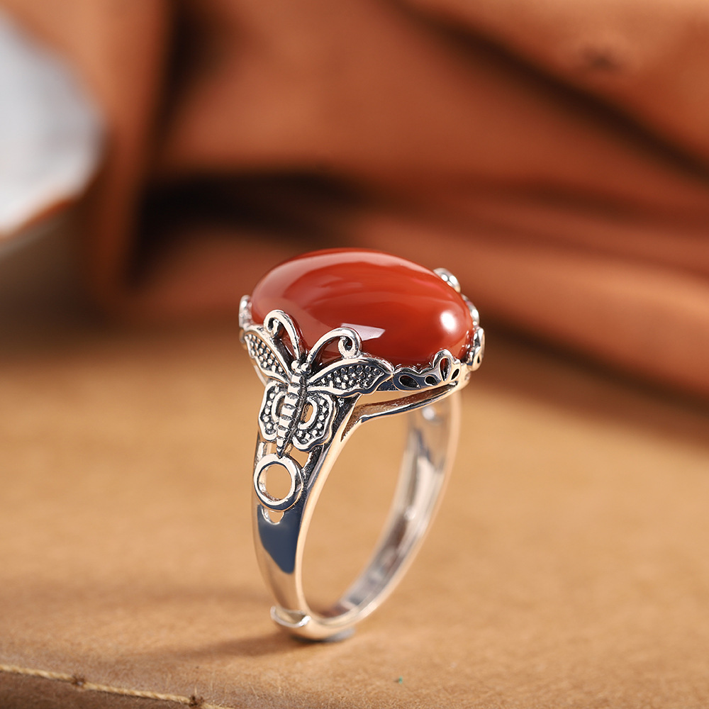 人品银品 s925银饰品南红玛瑙戒指 泰银做旧手饰开口指环食指戒