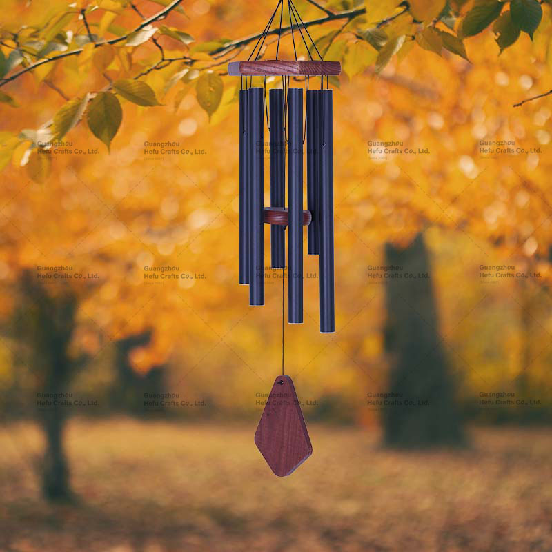 hf 33in耐用黑色铝管花园木风铃天然木材庭院装饰外贸跨境