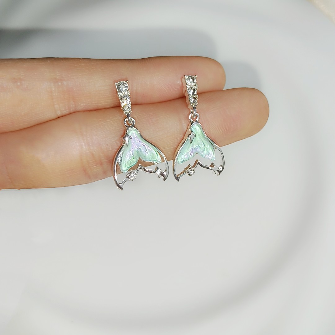 Beautiful and Fairy! Zircon Aurora Fishtail Pendant Earrings Ins Trendy Light Luxury Advanced Personality Unique Design Earrings