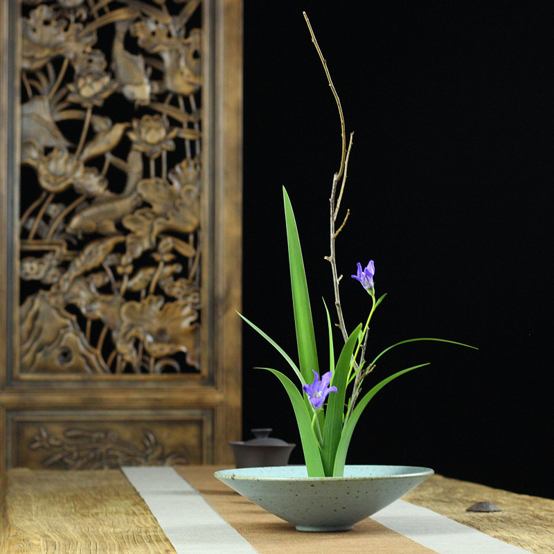 中式复古禅意插花盘花器景德镇彩釉陶瓷东方花道写景花盆玄关插花