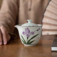 手绘紫色鸢尾花茶壶家用单个泡茶壶 釉下彩陶瓷功夫茶具手抓壶
