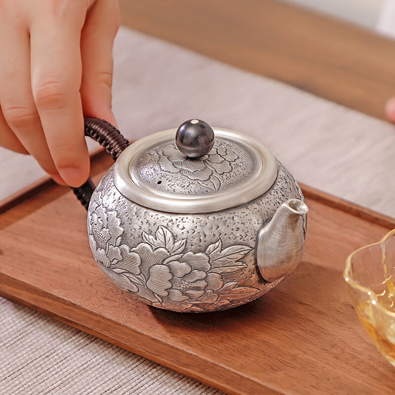 归银堂银壶999足银泡茶壶纯手工錾刻牡丹纯银小银壶冲茶壶银器茶