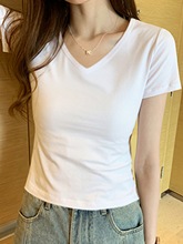 纯白色短袖T恤女韩版修身显瘦V领打底衫内搭夏季紧身黑色半袖
