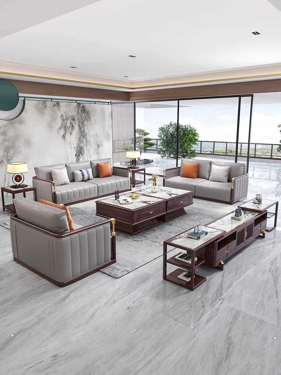 新中式沙发乌金木实木皮艺沙发客厅实木家具大户型别墅新中式家具