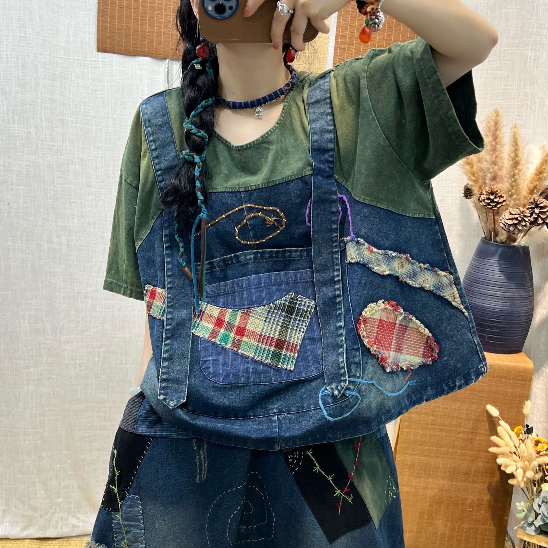 牛仔布拼接t恤女