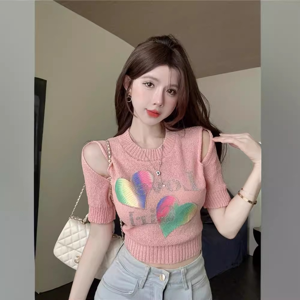 夏季重工烫钻镂空露肩短袖针织衫女设计感小众纯欲辣妹短款上衣潮