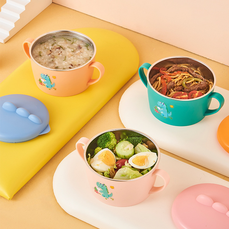 New 316 Children's Stainless Steel Bowl Anti-Scald with Lid Drop-Resistant Removable Washable Binaural Insulation Baby Solid Food Bowl Tableware