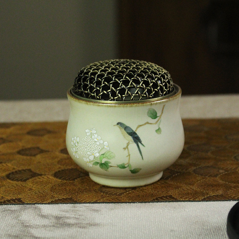 景德镇手绘工笔花鸟陶瓷盘香香薰炉中式香器可打香篆复古檀香炉